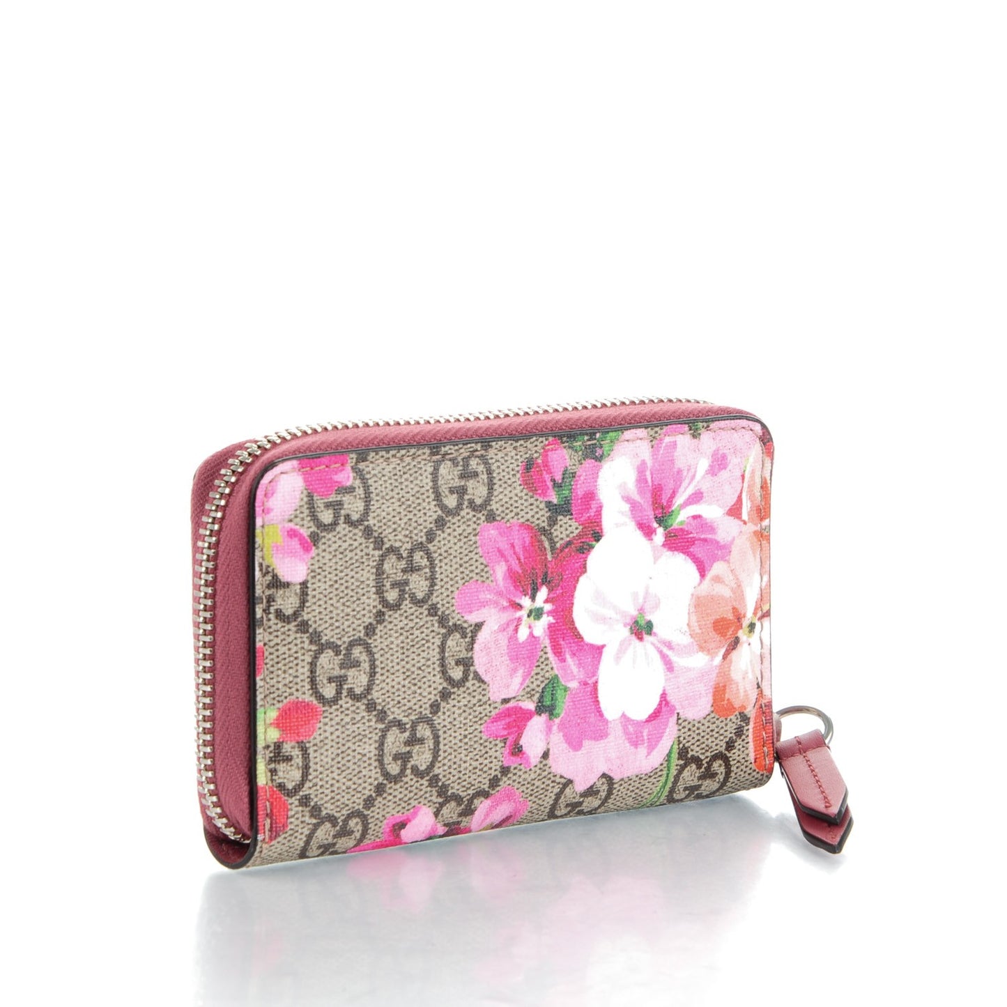 GG Supreme Monogram Blooms Zip Around Card Case Wallet Beige Multicolor Dry Rose
