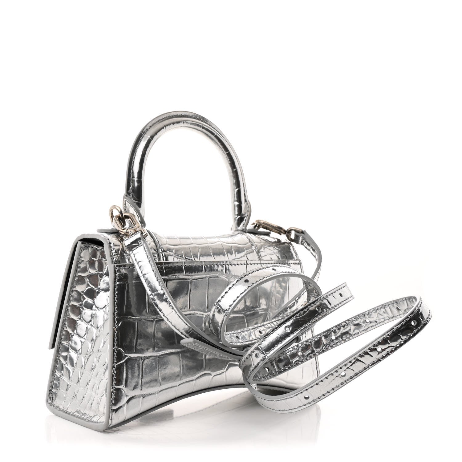 Balenciaga Metallic Calfskin Crocodile Embossed Crystal Hourglass Top Handle Bag XS Silver 3 of 11