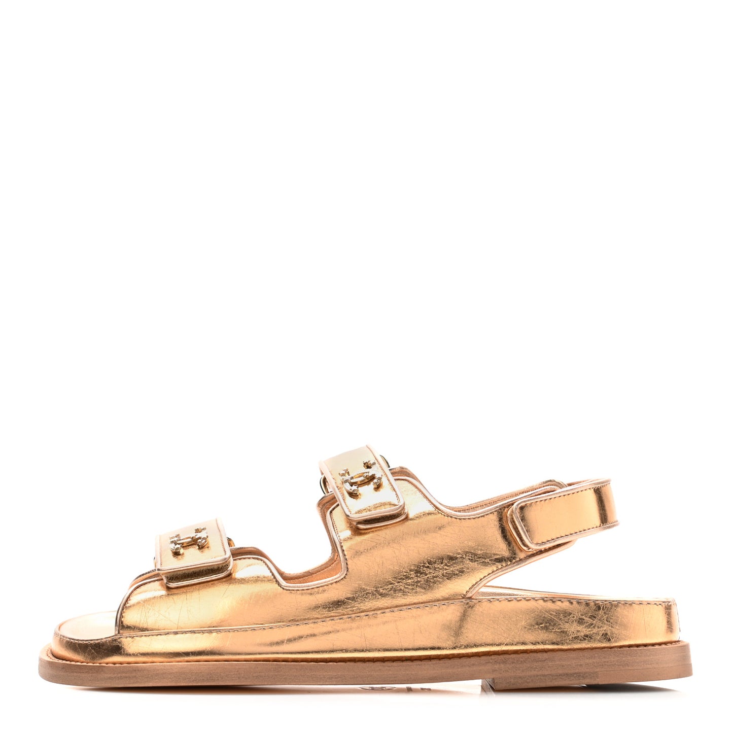 Metallic Laminated Calfskin Velcro Dad Sandals 38 Golden