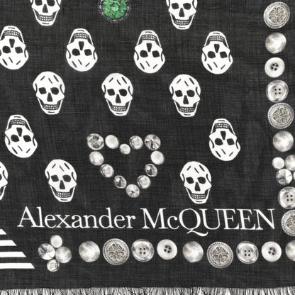Alexander McQueen Silk Chiffon Jewelled Button Skull Scarf Black White 2 of 3