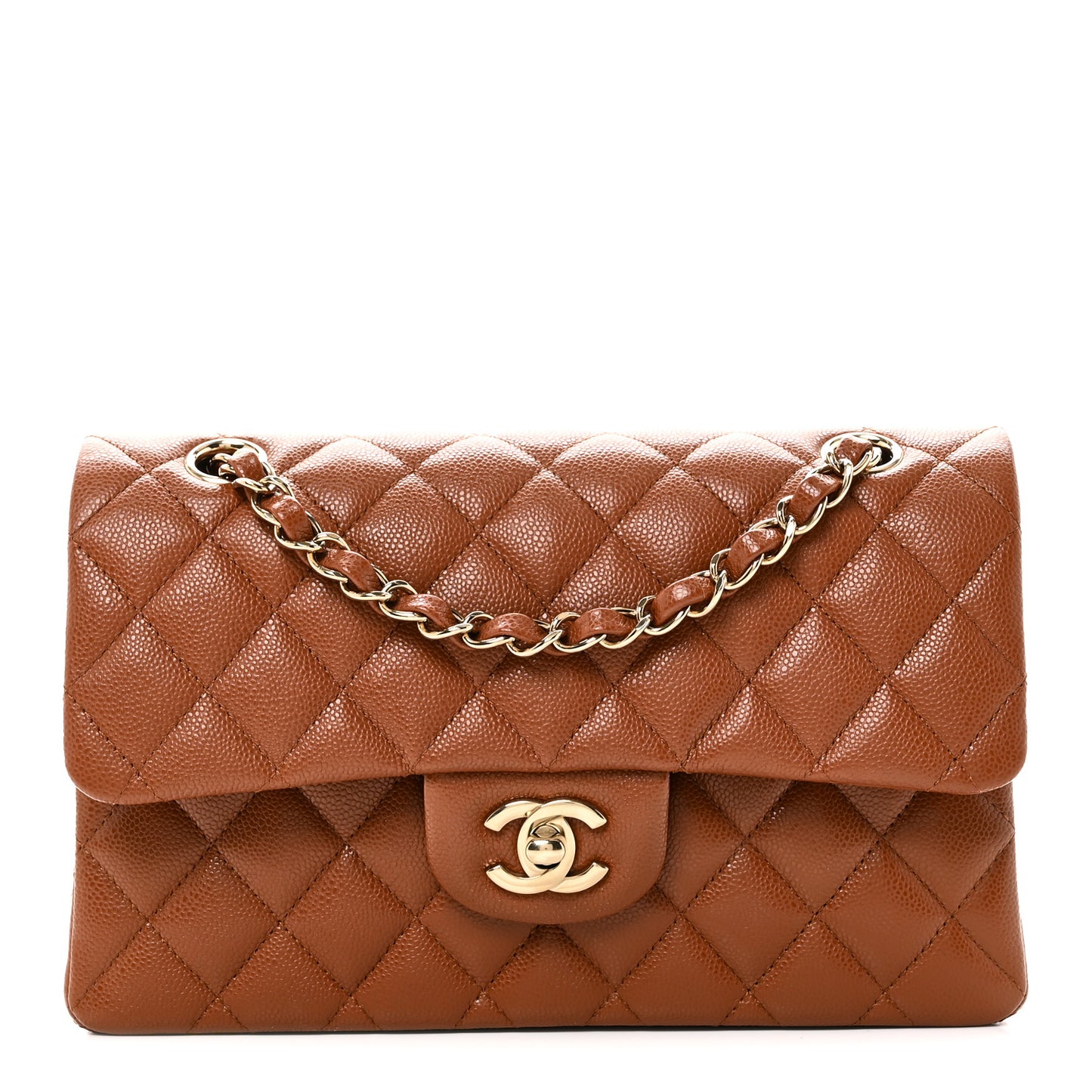 Caviar Quilted Small Double Flap Light Brown