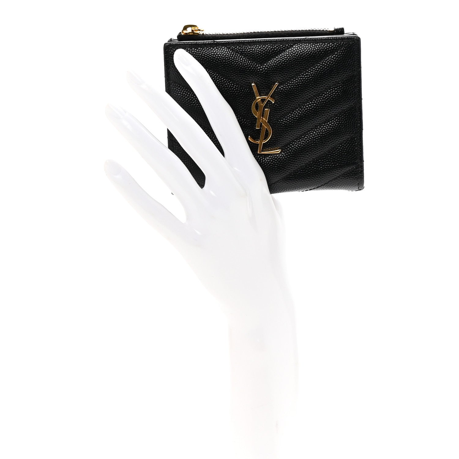 Saint Laurent Grain De Poudre Matelasse Chevron Monogram Zipped Card Case Black 2 of 7