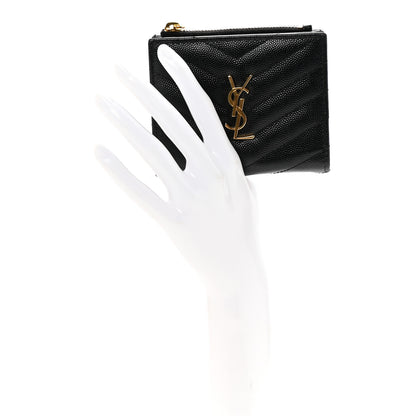 Saint Laurent Grain De Poudre Matelasse Chevron Monogram Zipped Card Case Black 2 of 7