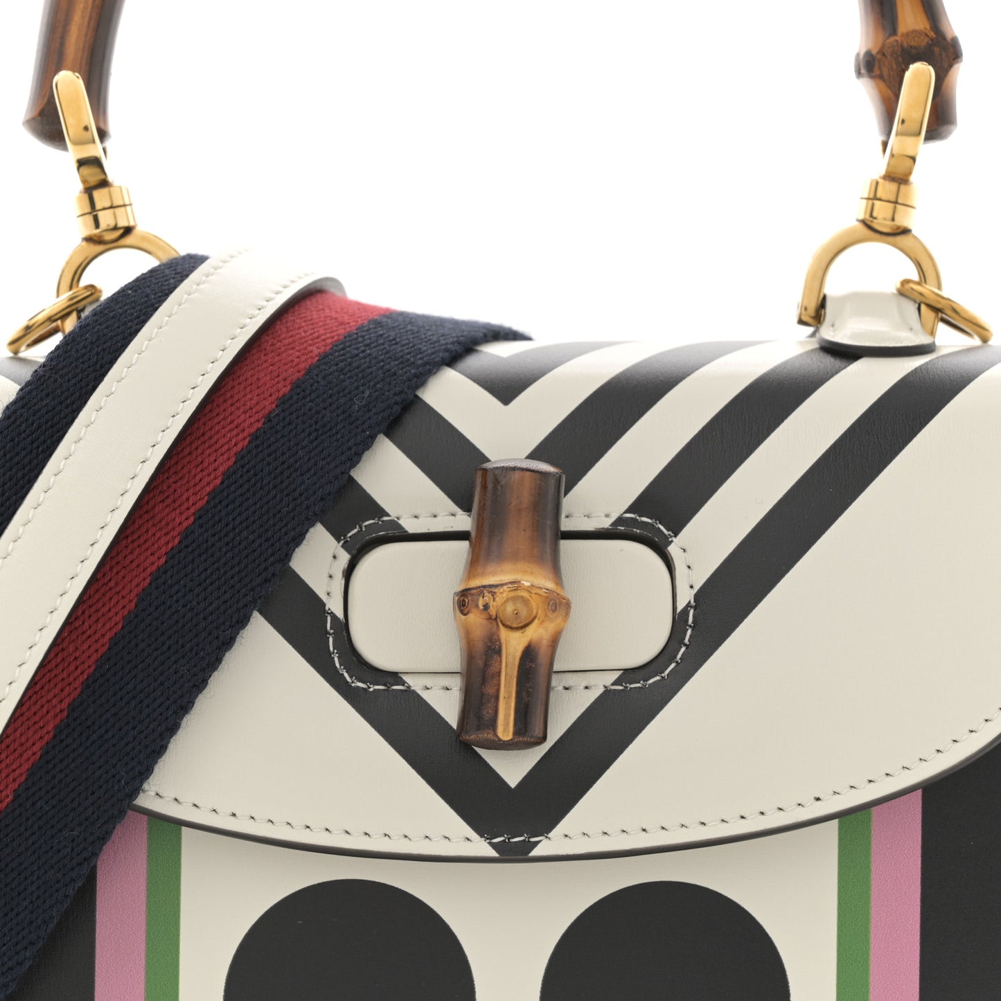 Calfskin Web Geometric Print Small Bamboo 1947 Top Handle Bag White Multicolor