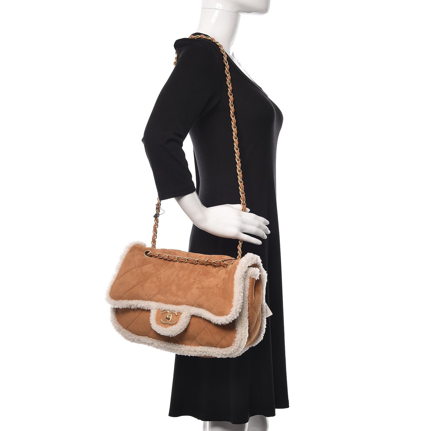 Shearling Lambskin Quilted Coco Neige Single Flap Beige