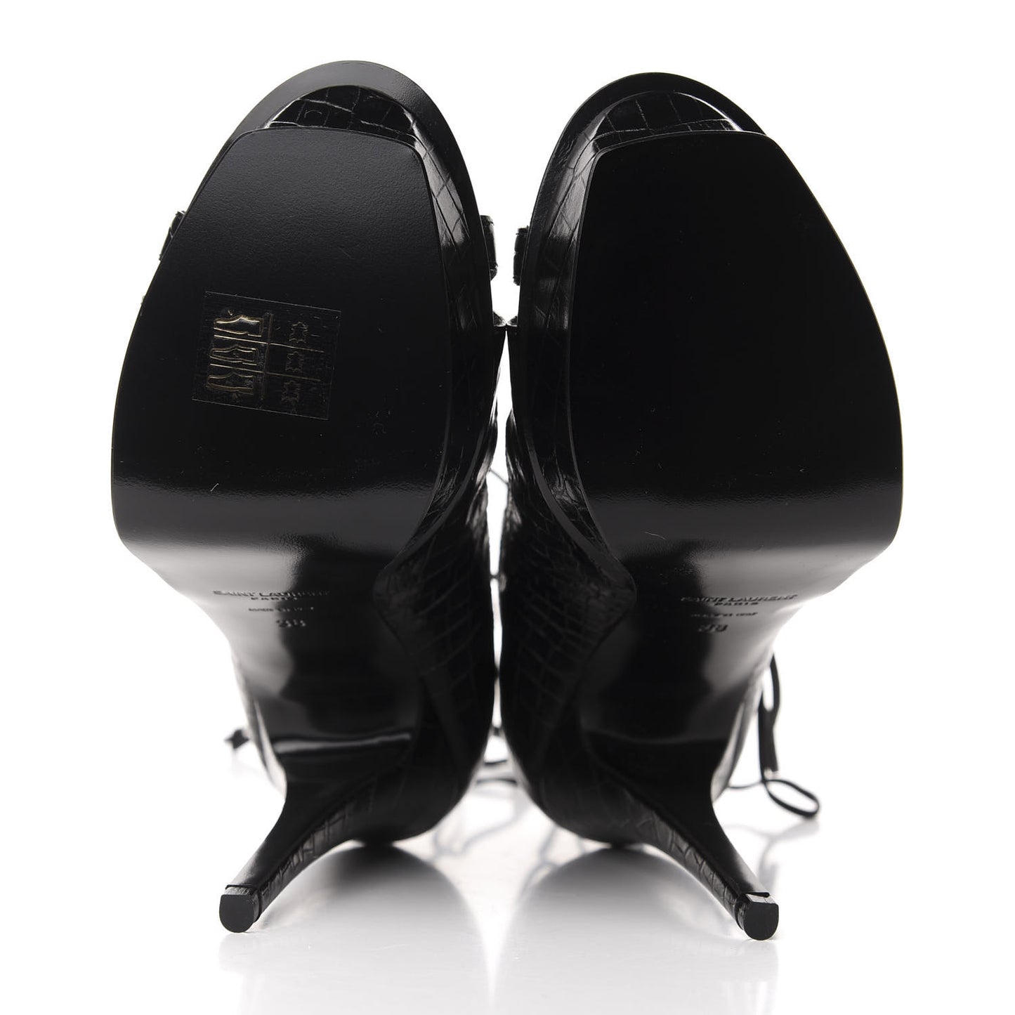 Calfskin Crocodile Embossed Tribute 16 Lace Up Platform Sandals 38 Black