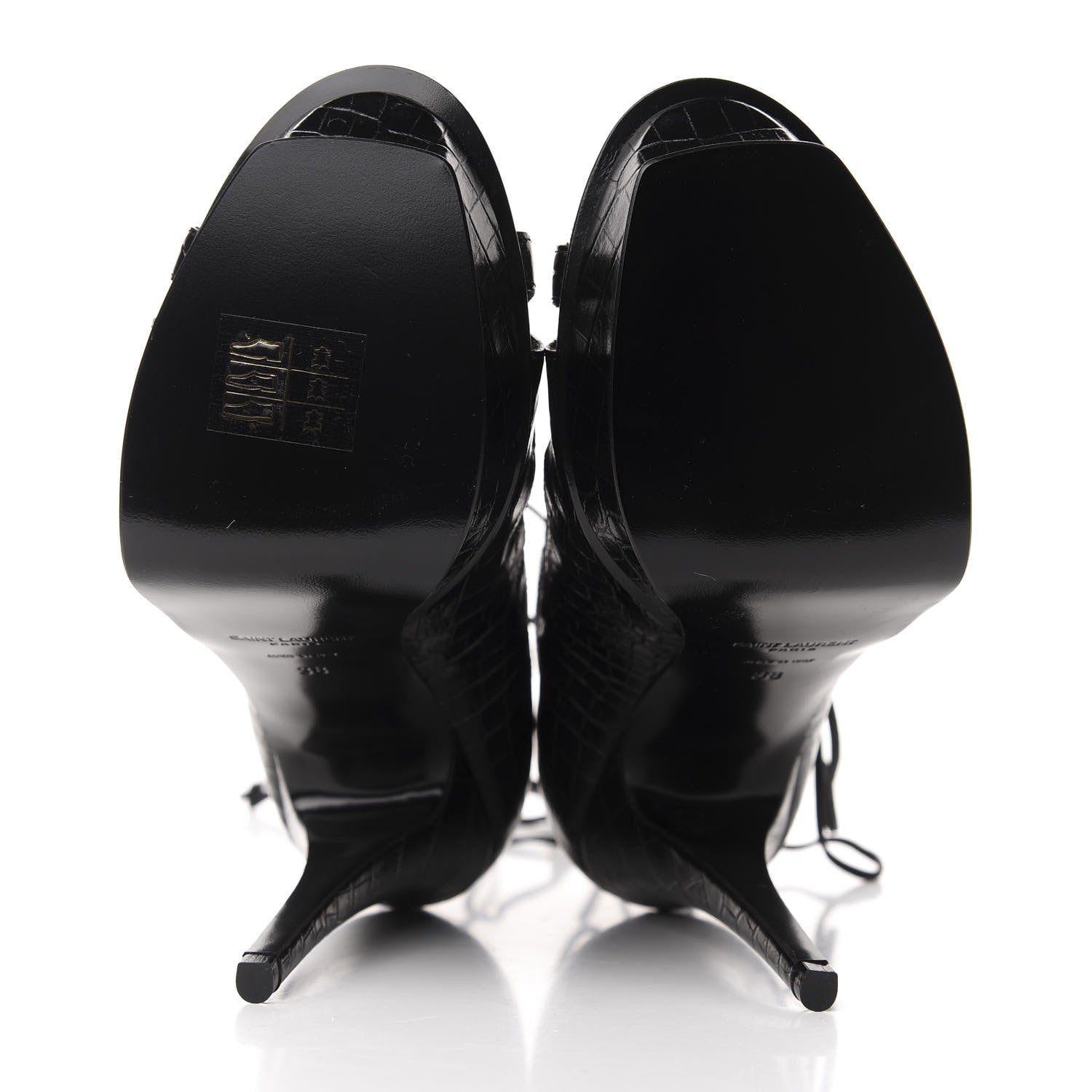 Saint Laurent Calfskin Crocodile Embossed Tribute 16 Lace Up Platform Sandals 38 Black 6 of 11