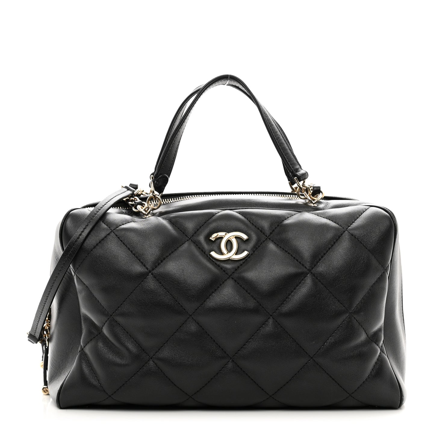 Lambskin Quilted Medium Bowling Bag Black