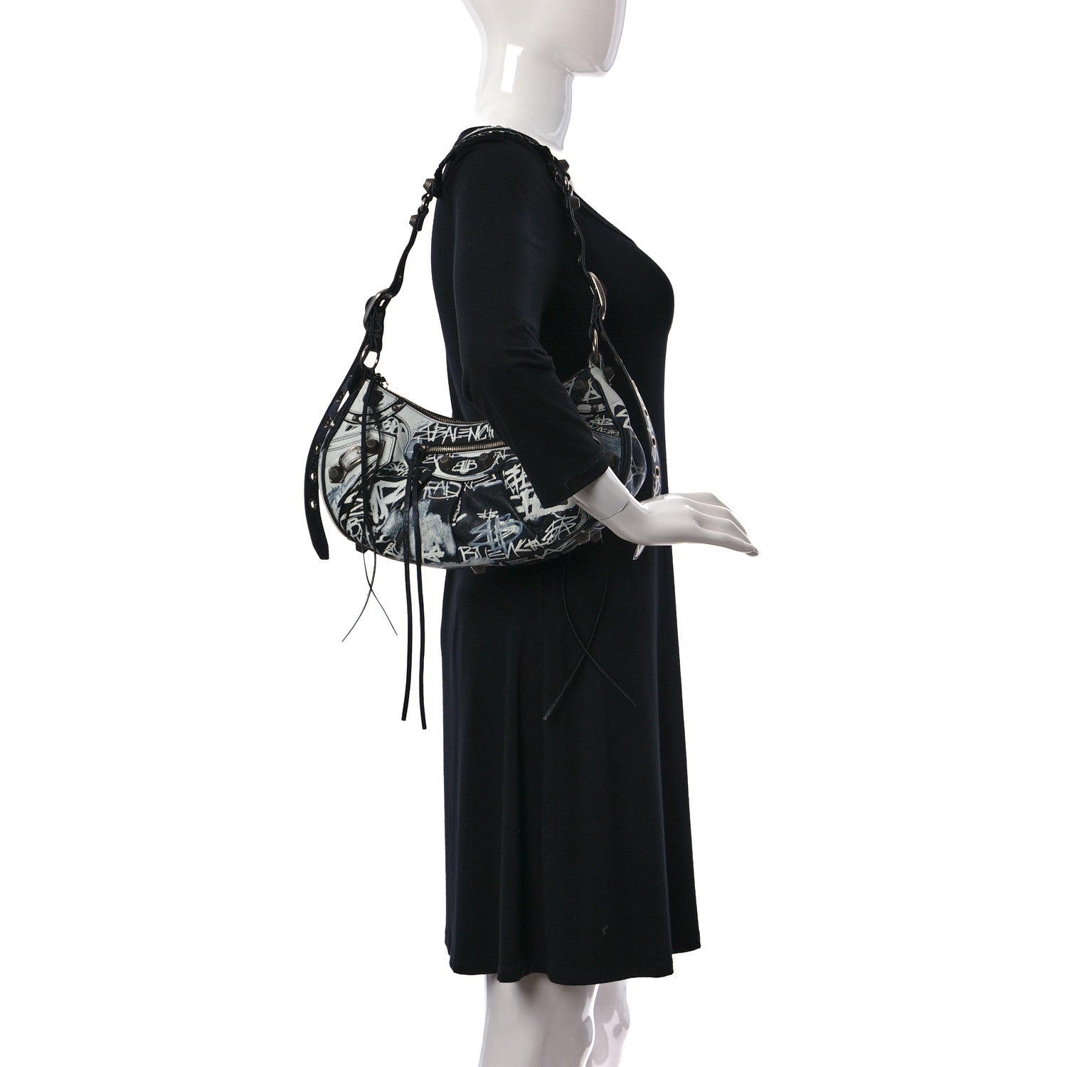 Balenciaga Agneau Arena Graffiti Small Le Cagole Shoulder Bag Black White 2 of 9