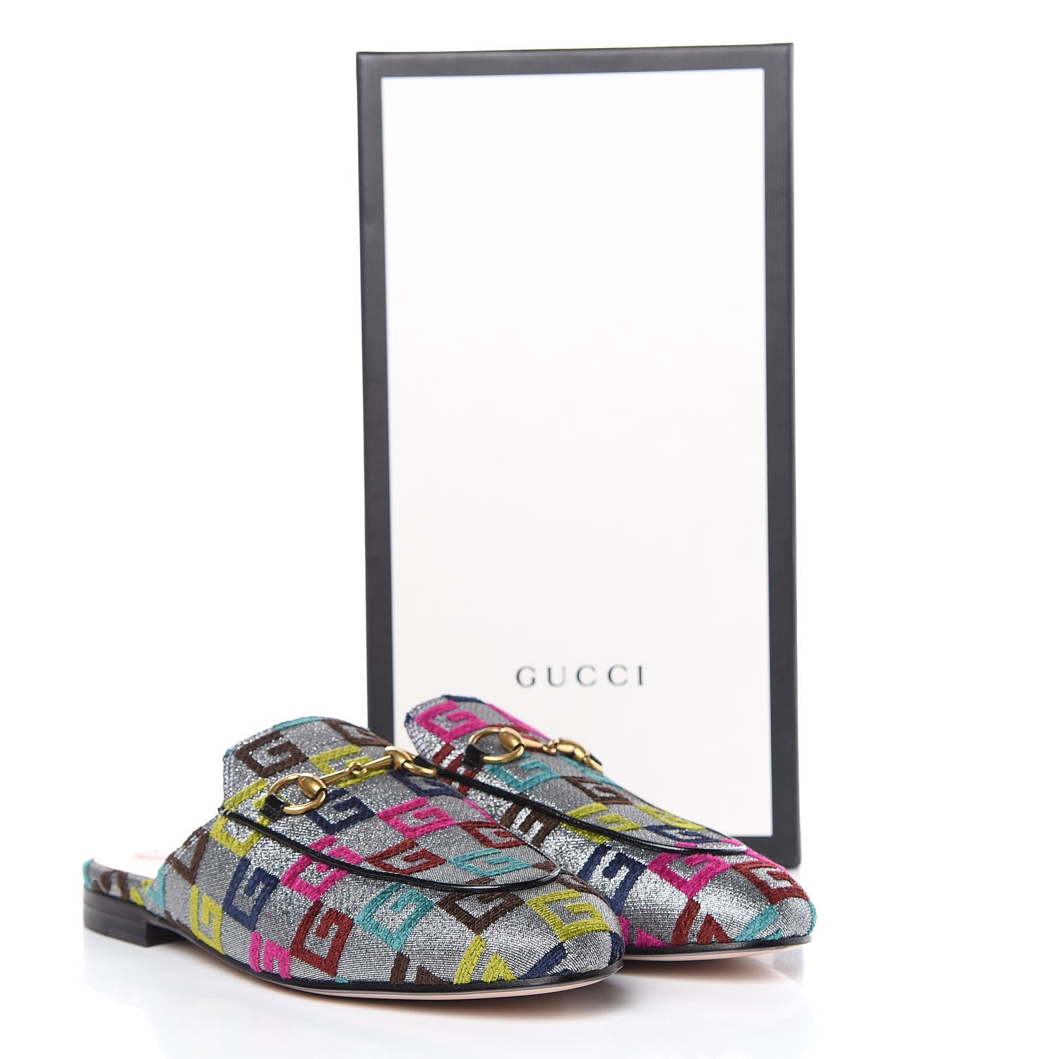 Gucci Velvet Lurex Square G Womens Princetown Slippers 37 Silver Multicolor 9 of 9