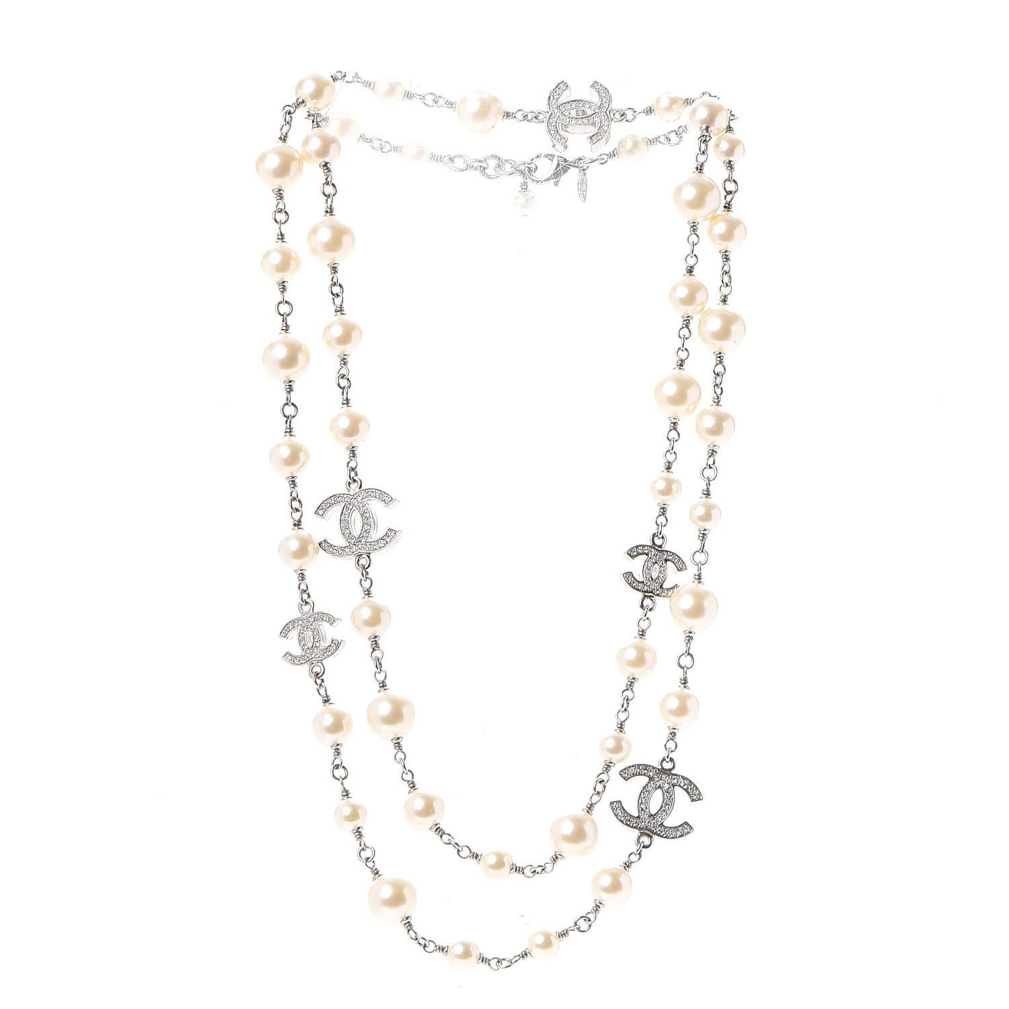 Crystal Pearl CC Long Necklace Silver