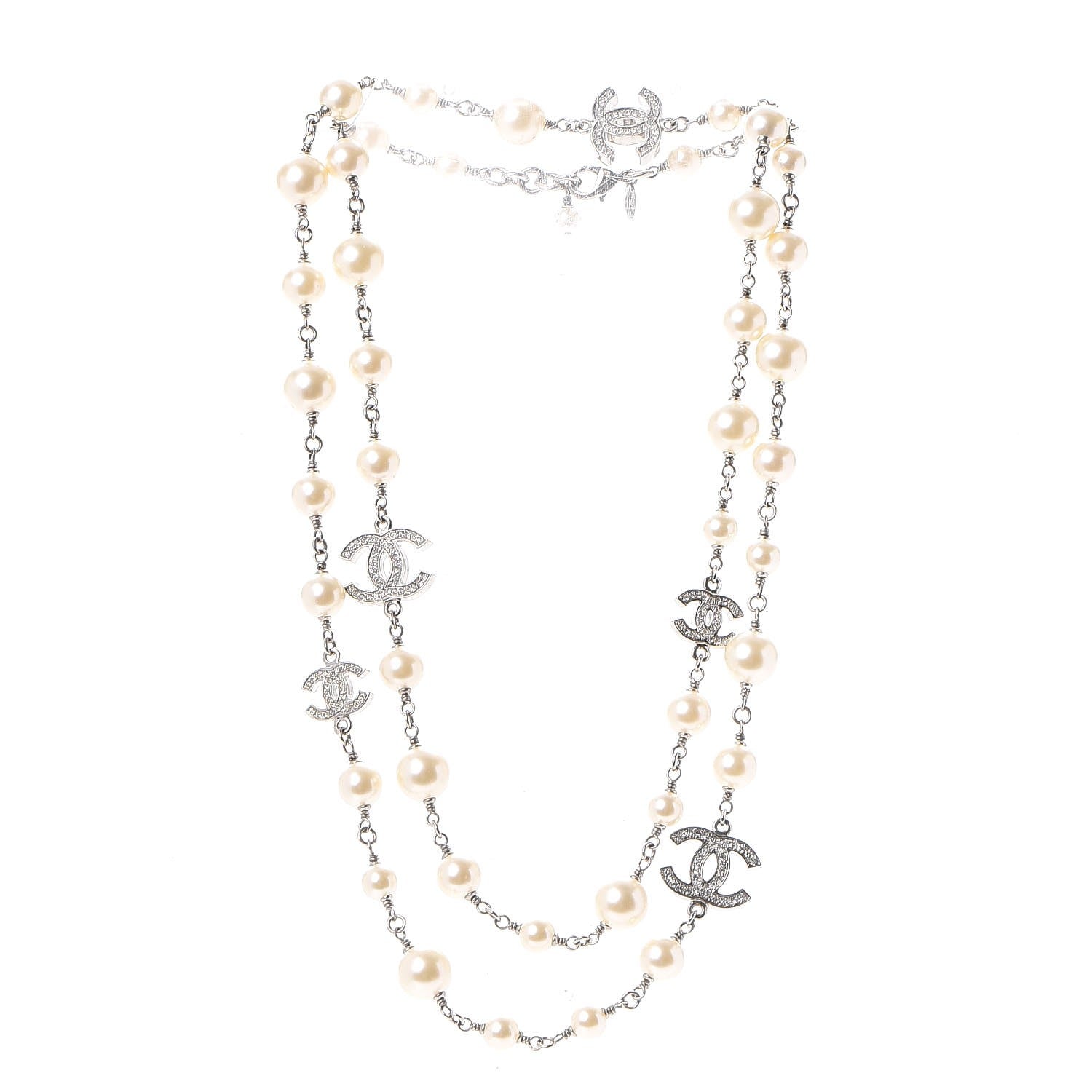 Chanel Crystal Pearl CC Long Necklace Silver 3 of 6