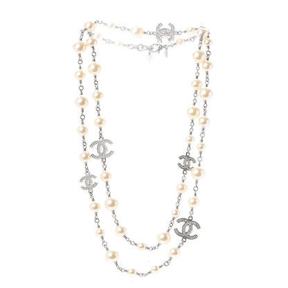 Chanel Crystal Pearl CC Long Necklace Silver 3 of 6