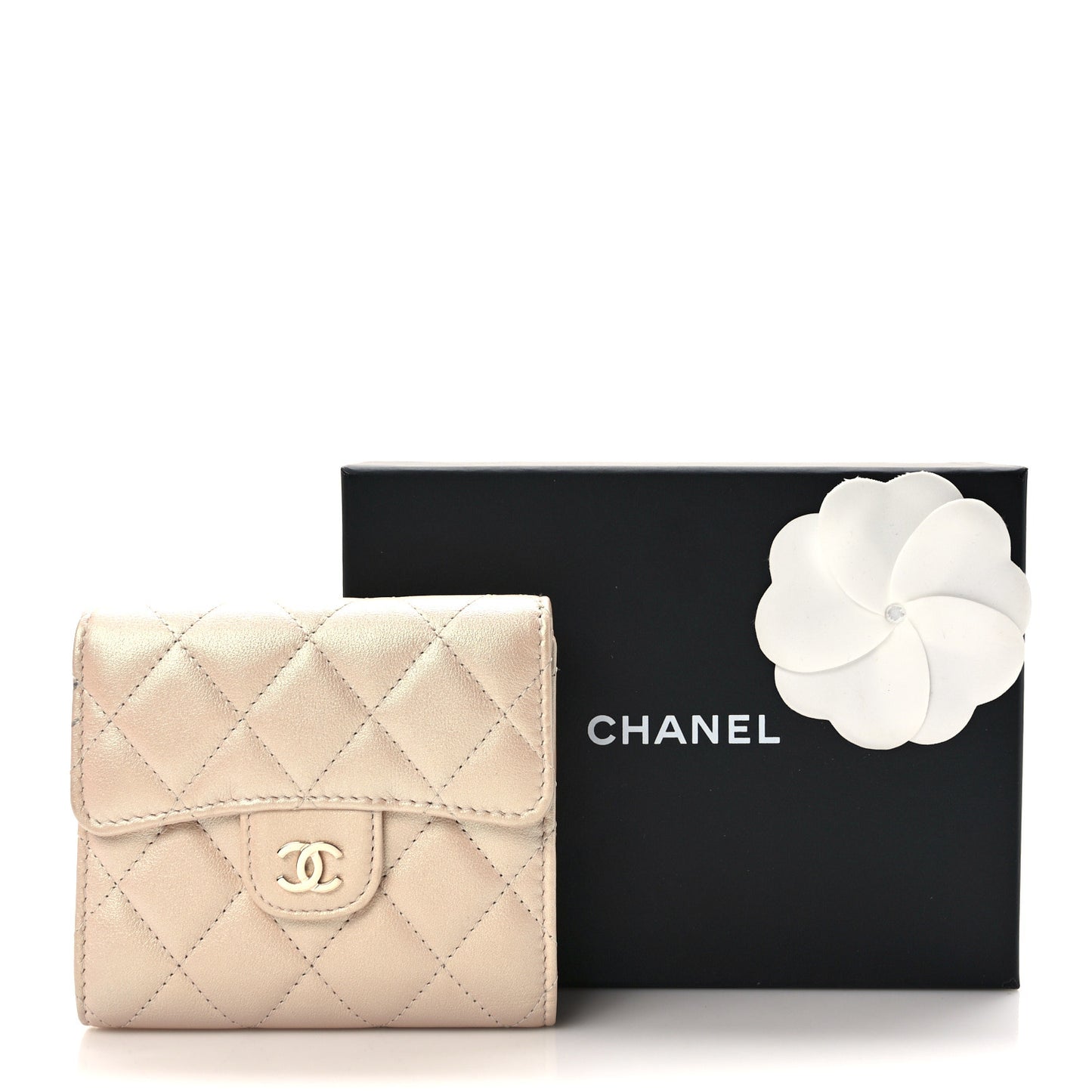Iridescent Calfskin Quilted Compact Flap Wallet Beige