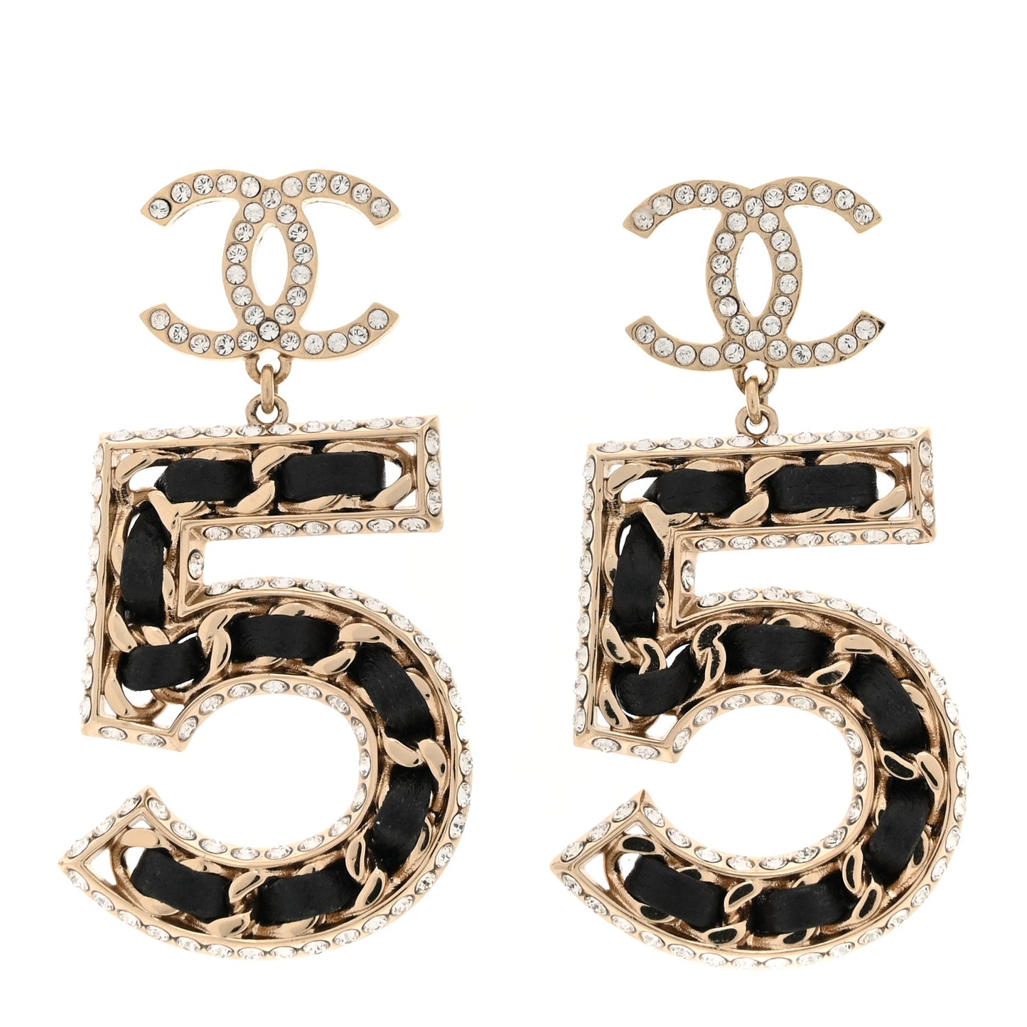 Crystal Lambskin Chain CC No 5 Drop Earrings Gold Black