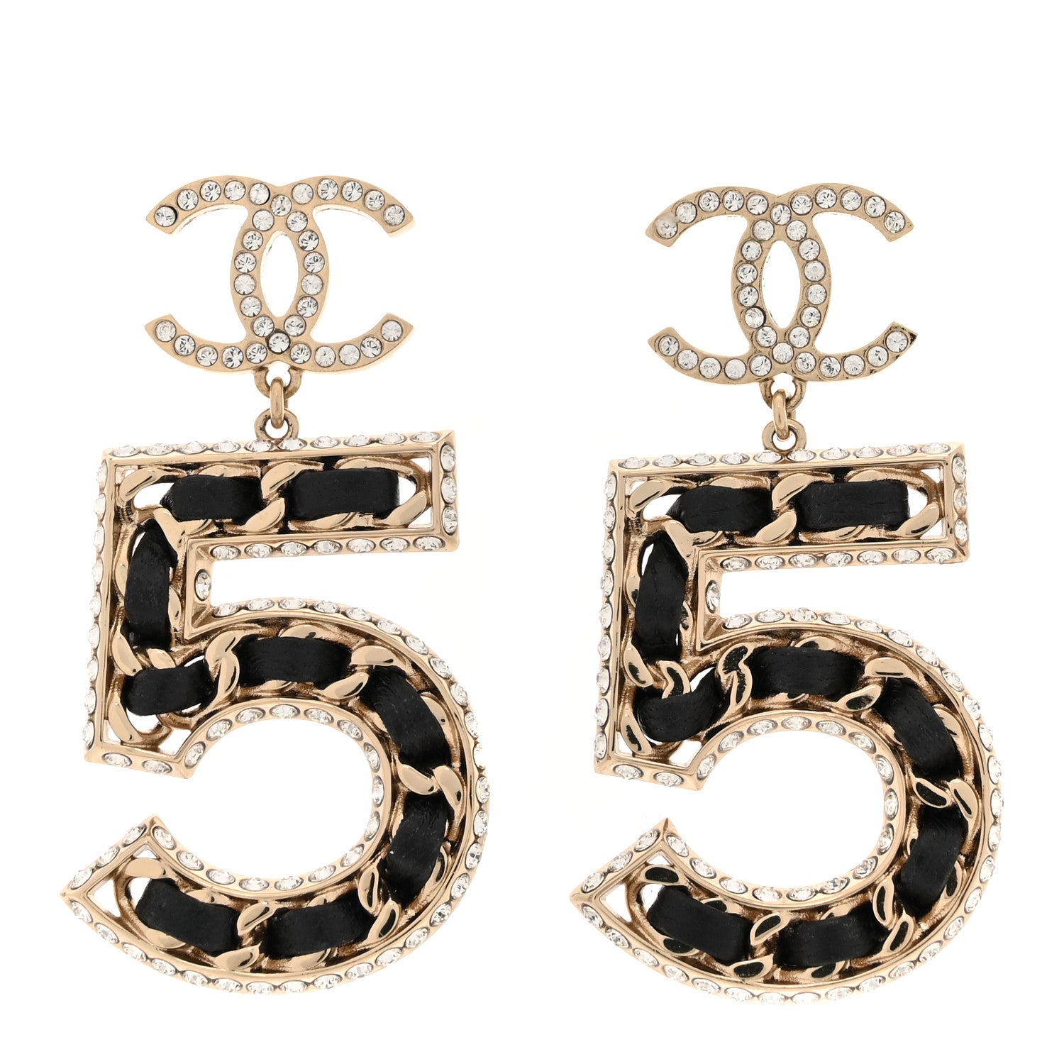 Chanel Crystal Lambskin Chain CC No 5 Drop Earrings Gold Black 1 of 5