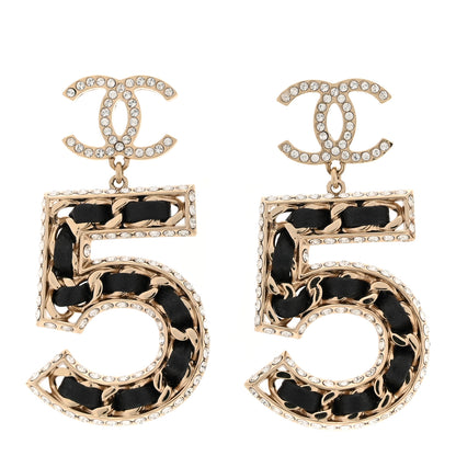 Chanel Crystal Lambskin Chain CC No 5 Drop Earrings Gold Black 1 of 5