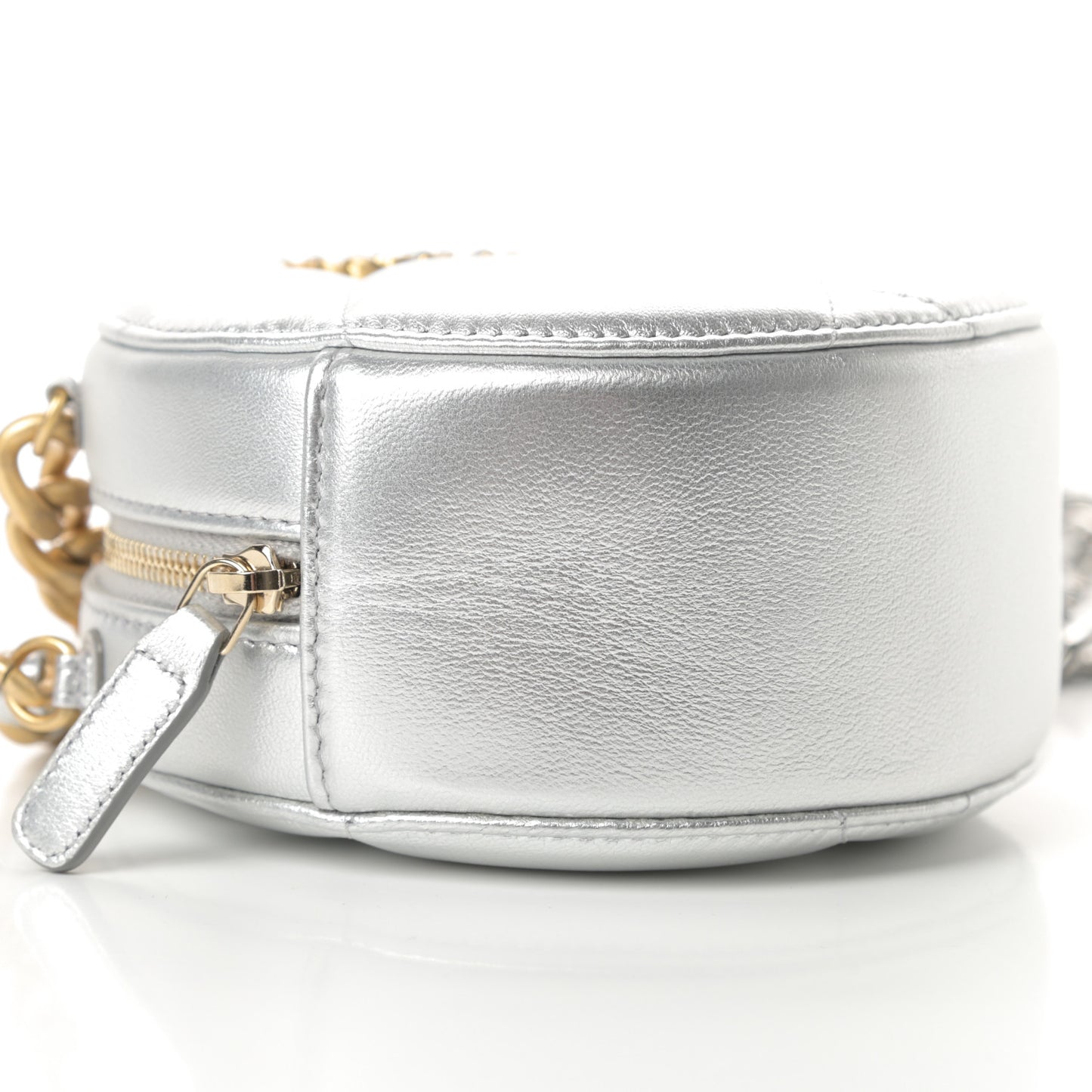 Metallic Lambskin Quilted Chanel 19 Round Clutch With Chain Silver