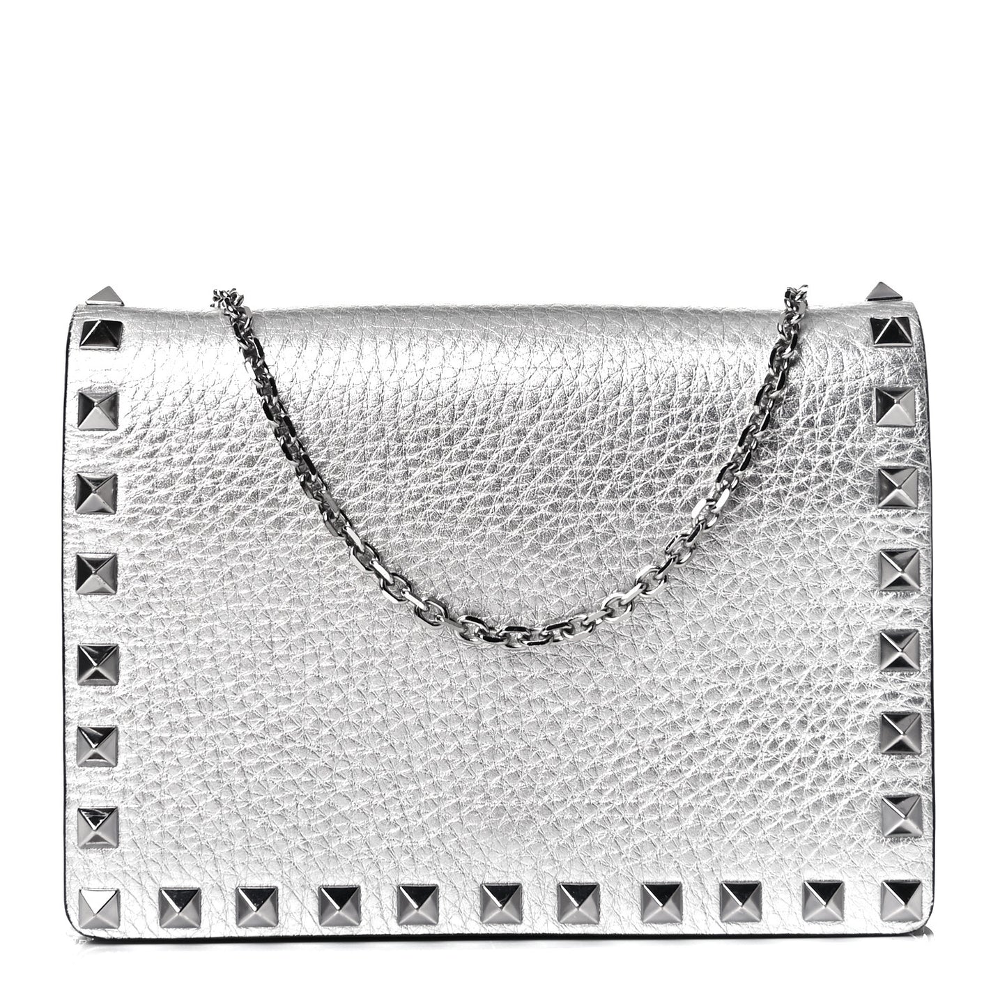 Metallic Pebbled Calfskin Rockstud Wallet on Chain Silver