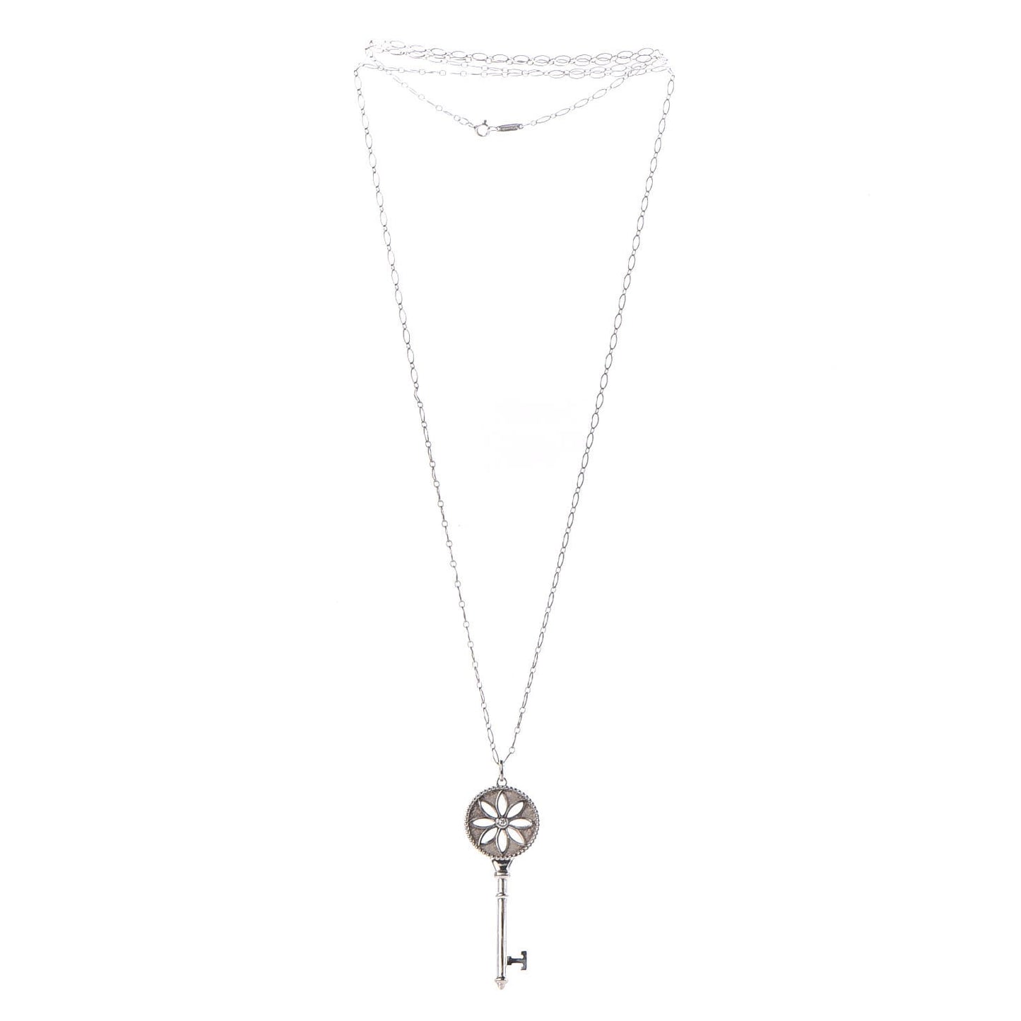 Sterling Silver Diamond Large Daisy Key Pendant Link Necklace