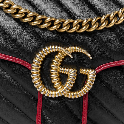 Gucci Vintage Effect Calfskin Matelasse Diagonal Small Torchon GG Marmont Shoulder Bag Black Romantic Cherry 9 of 11