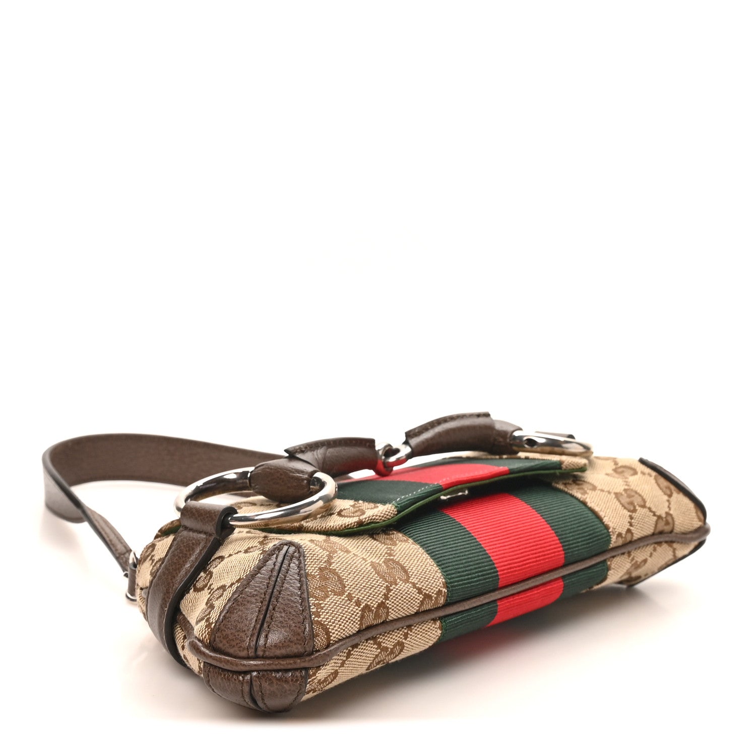 Gucci Monogram Textured Dollar Calfskin Heavy Grosgrain Web Small Maxi Horsebit Chain Shoulder Bag Beige Ebony New Acero 4 of 9