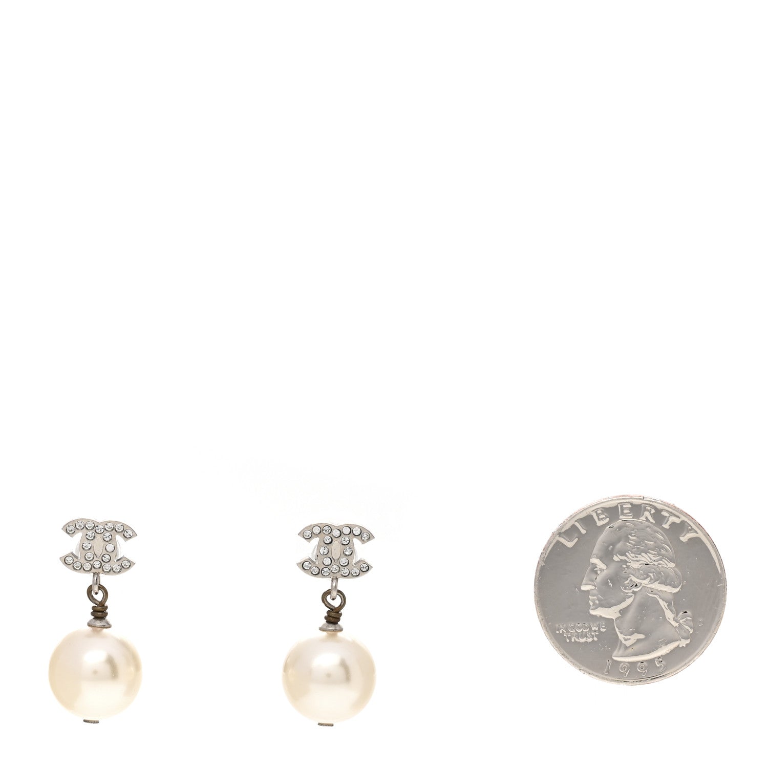 Chanel Crystal Pearl CC Drop Earrings Silver Pearly White 2 of 5