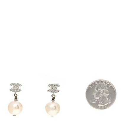 Chanel Crystal Pearl CC Drop Earrings Silver Pearly White 2 of 5