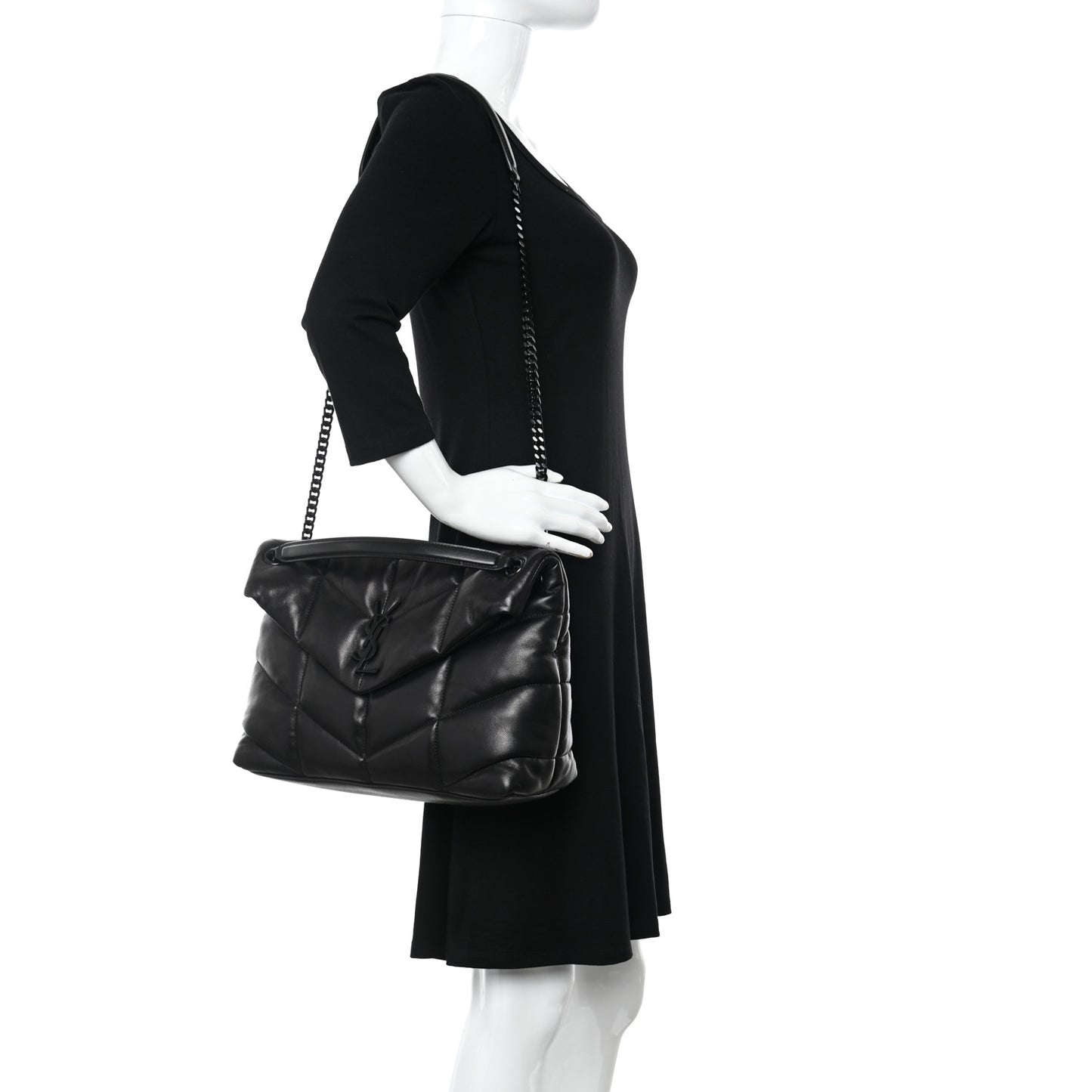 Calfskin Quilted Medium Loulou Puffer Monogram Chain Satchel Black