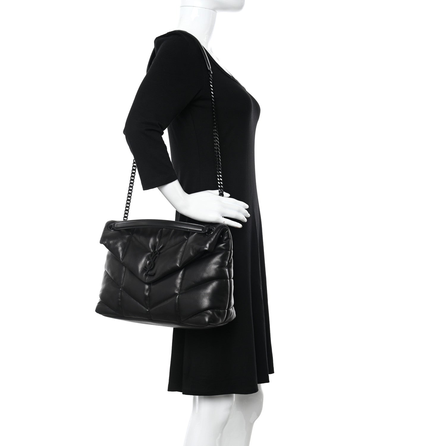 Saint Laurent Calfskin Quilted Medium Loulou Puffer Monogram Chain Satchel Black 2 of 11