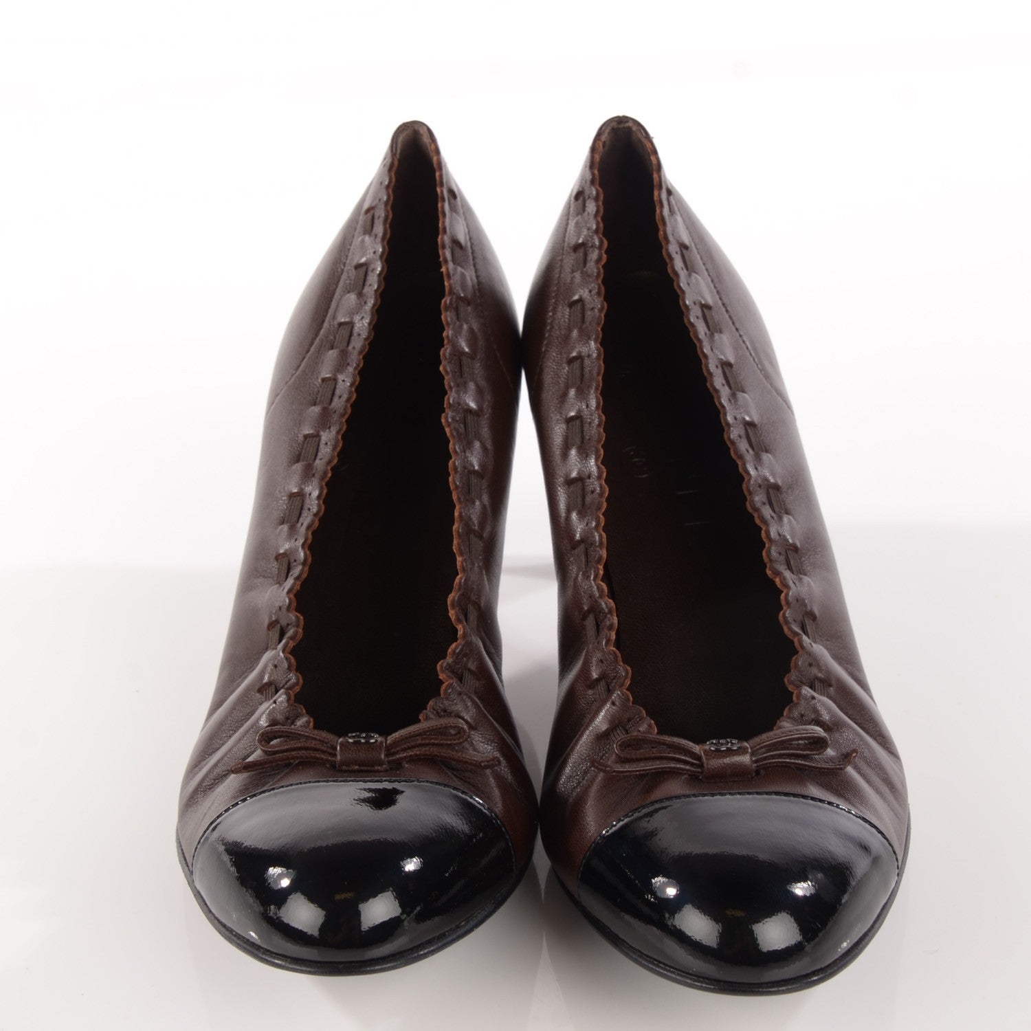 Chanel Lambskin Patent Elastic Cap Toe Pumps 38 Brown Black 2 of 6