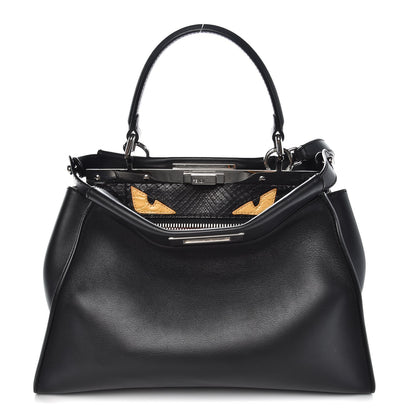 Fendi Vitello Seta Python Crocodile Monster Eyes Medium Peekaboo Iconic Satchel Black Girasole 1 of 7