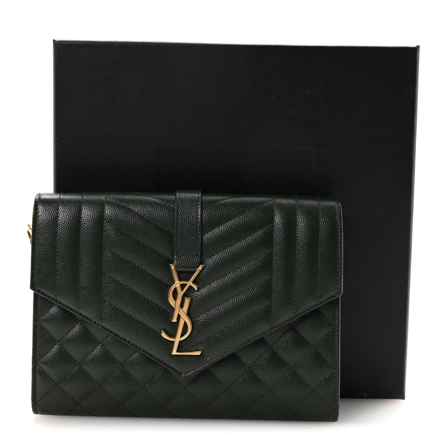 Saint Laurent Grain De Poudre Textured Mixed Matelasse Triquilt Monogram Clutch Dark Green 7 of 7