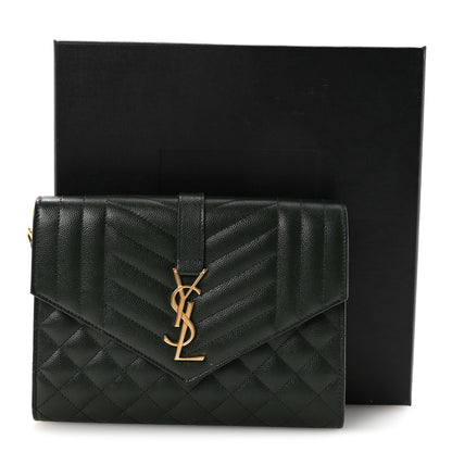 Saint Laurent Grain De Poudre Textured Mixed Matelasse Triquilt Monogram Clutch Dark Green 7 of 7