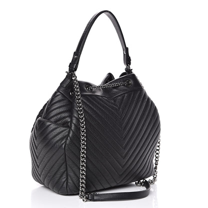 Chanel Deerskin Chevron Large CC Chain Bucket Drawstring Bag Black 3 of 15