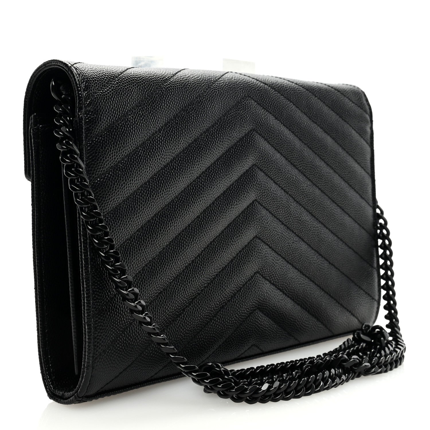 Saint Laurent Grain De Poudre Matelasse Chevron Monogram Monochrome Chain Wallet Black 3 of 8