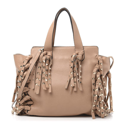 Valentino Garavani Grained Calfskin Small Rockstud C-Rockee Fringe Tote Poudre 1 of 13