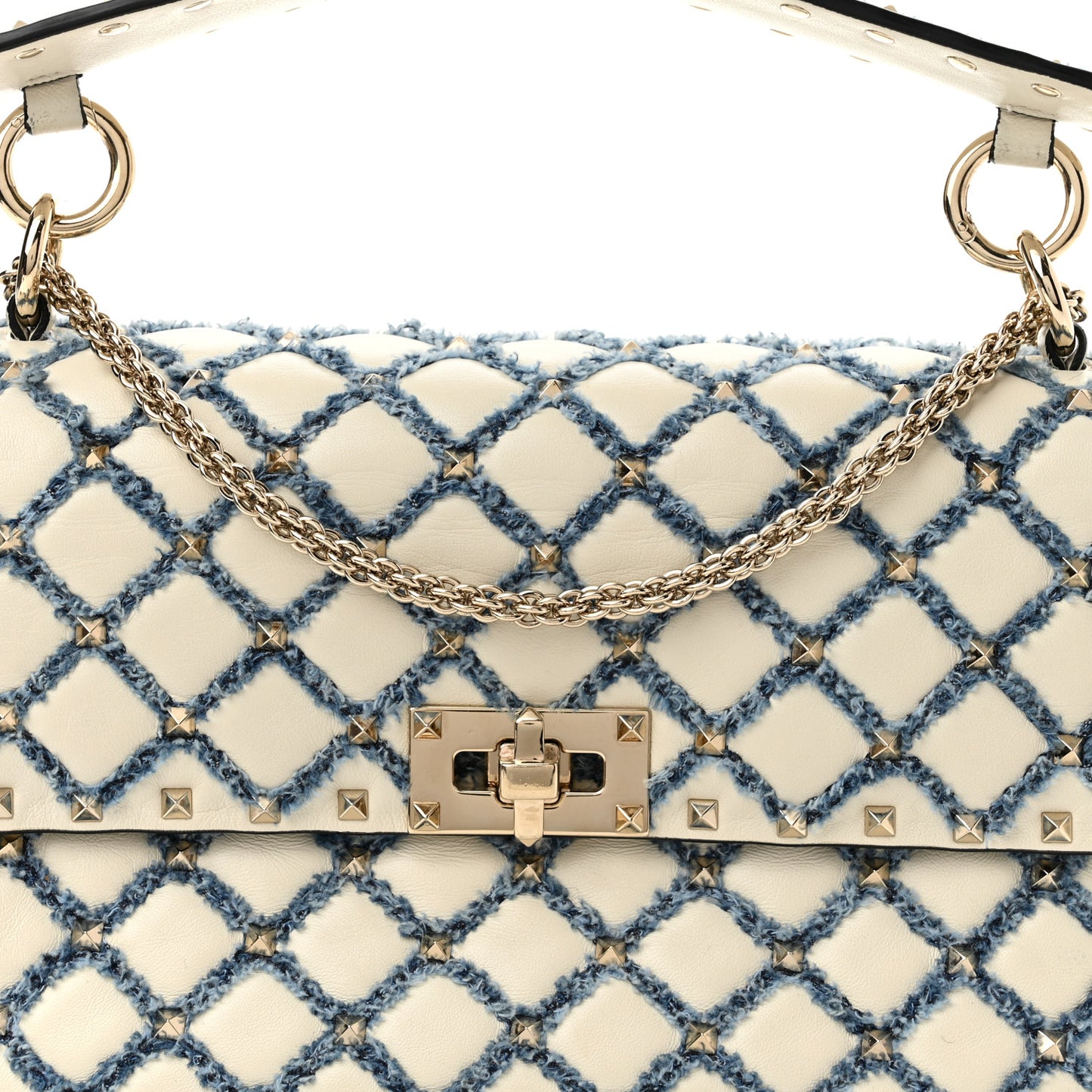 Nappa Denim Quilted Rockstud Medium Spike Shoulder Bag Ivory Blue