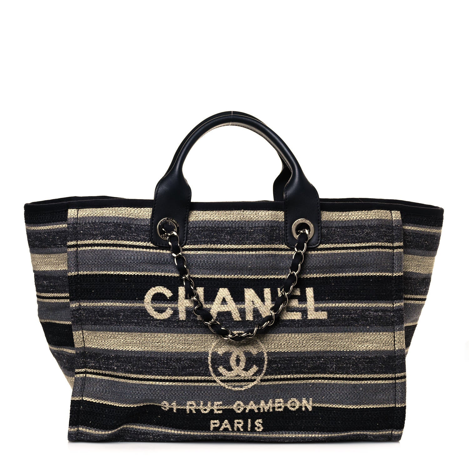 Chanel Striped Canvas Medium Deauville Tote Black 1 of 12