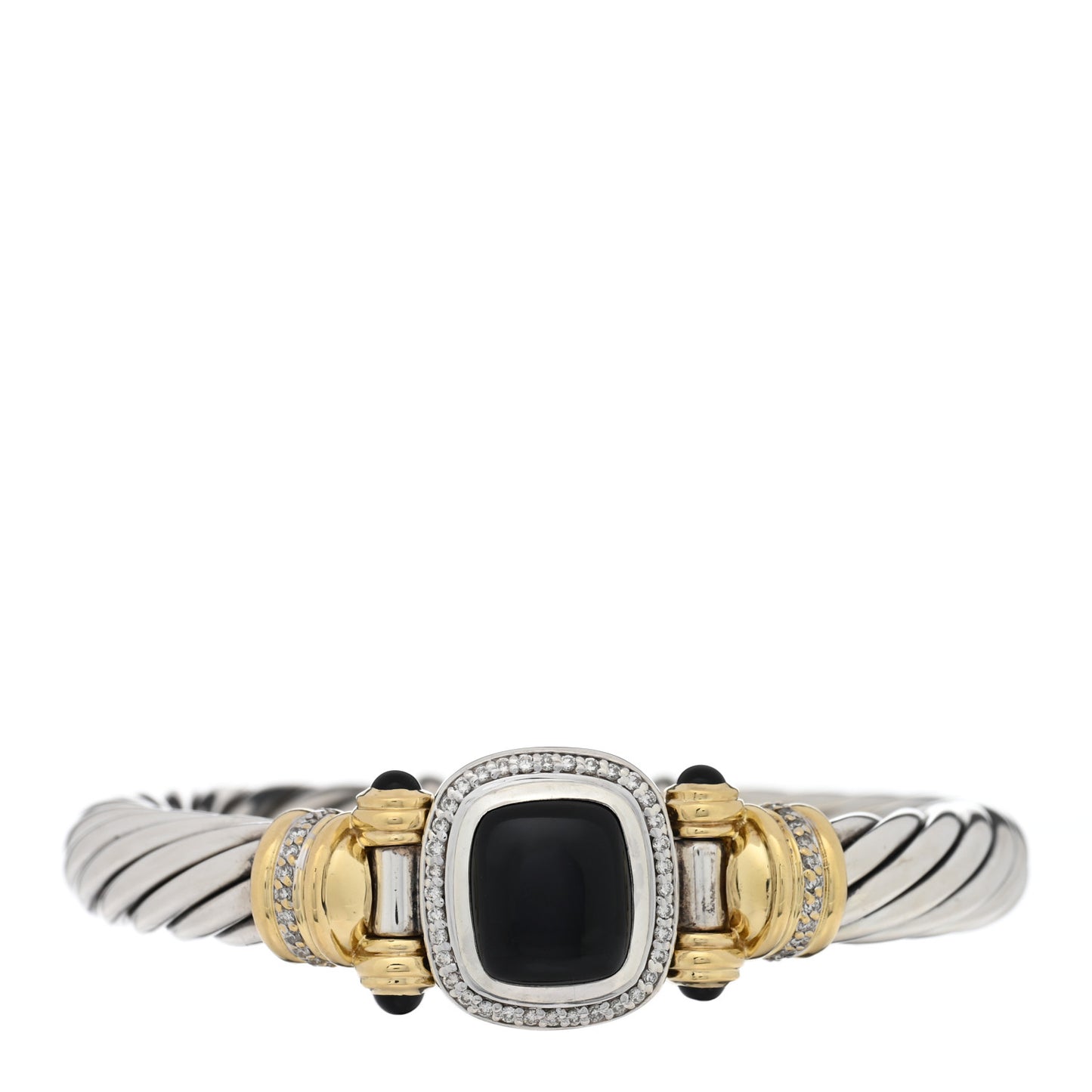 Sterling Silver 18K Yellow Gold Diamond Black Onyx 10mm Cable Bracelet