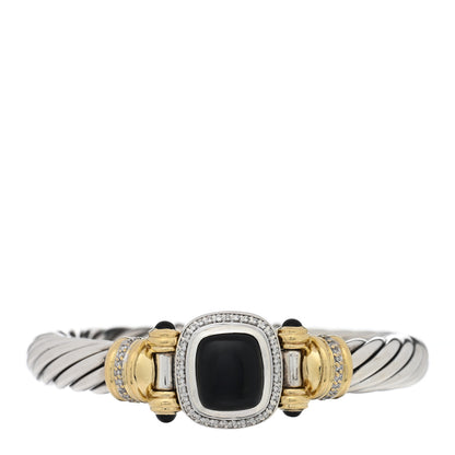 David Yurman Sterling Silver 18K Yellow Gold Diamond Black Onyx 10mm Cable Bracelet 1 of 3