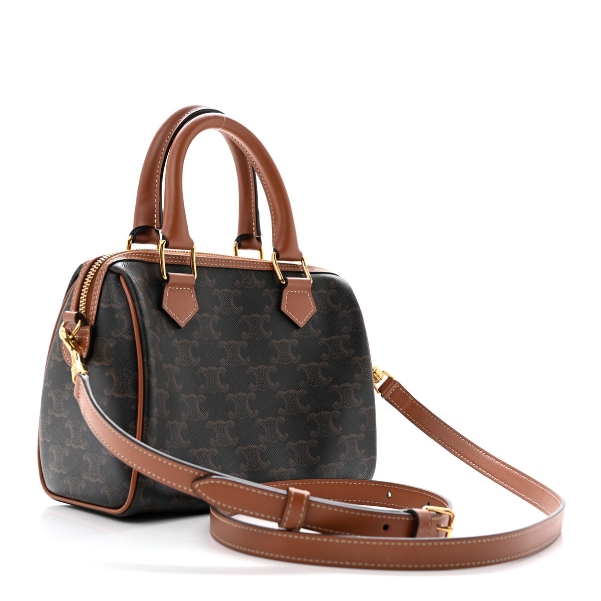 Celine Triomphe Canvas Calfskin Small Boston Bag Tan 3 of 12