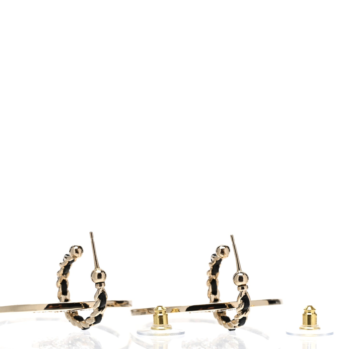 Metal Crystal Lambskin CC Chain Hoop Earrings Gold Black
