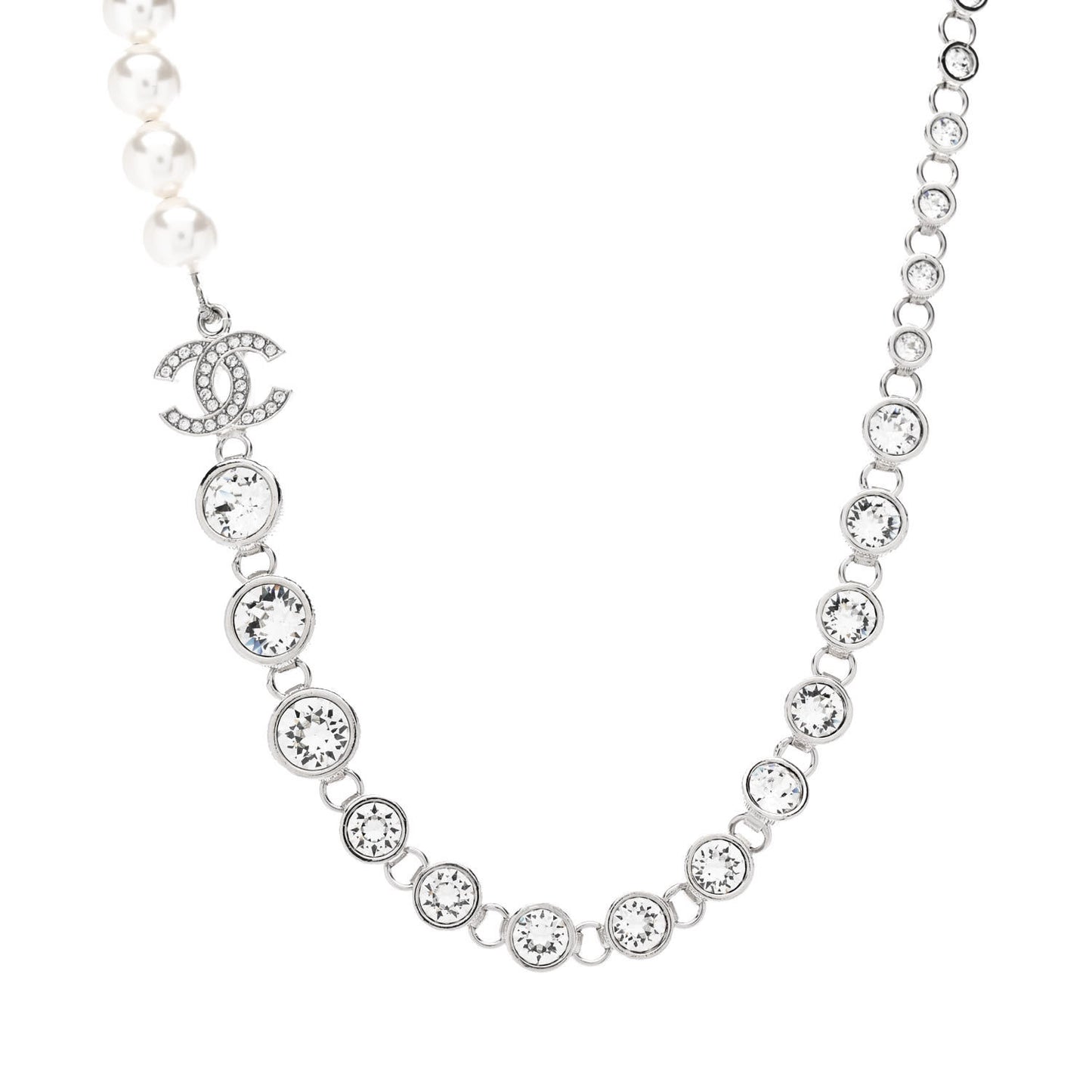 Pearl Crystal CC Choker Necklace Silver Pearly White