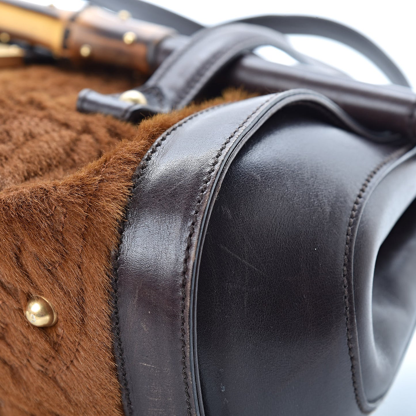 Calf Hair Calfskin Bamboo Bullet Satchel Brown