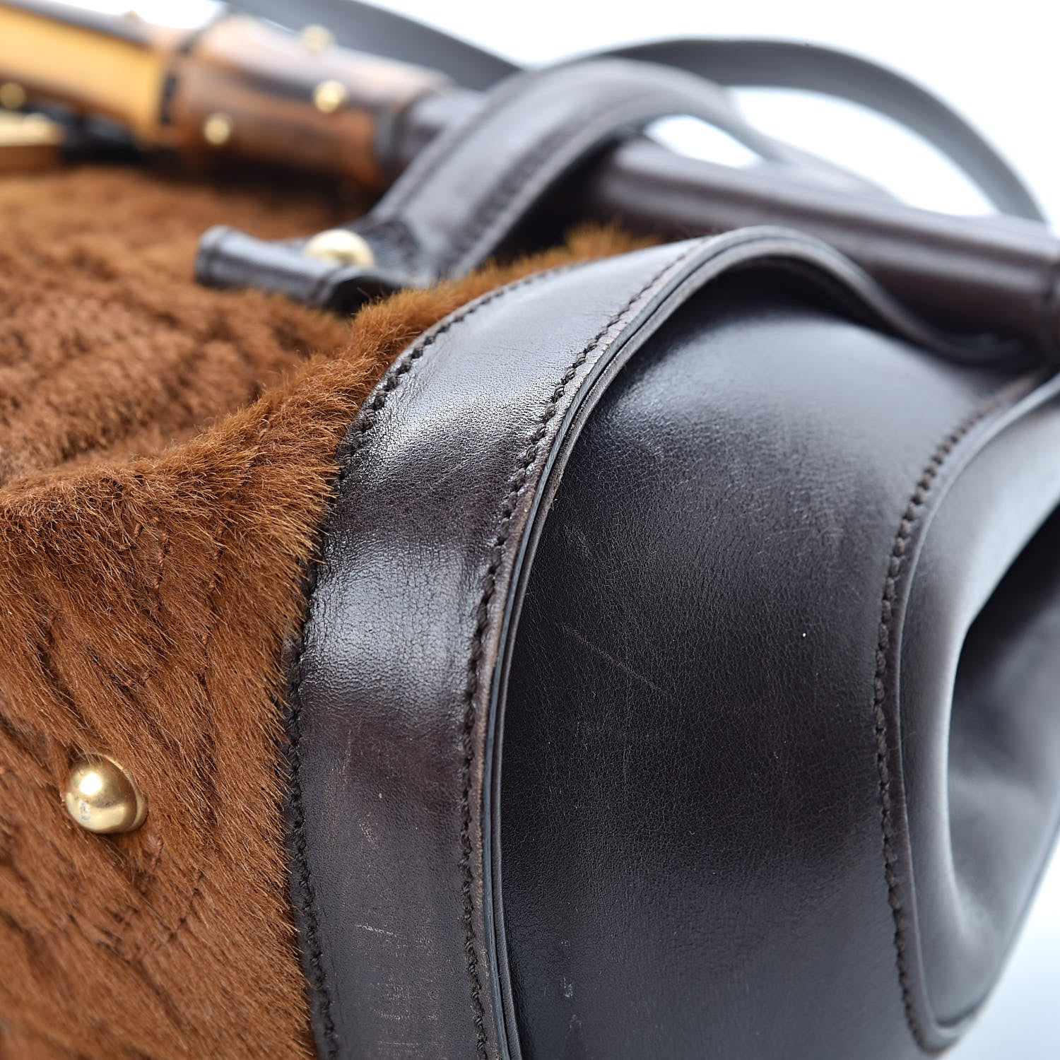 Gucci Calf Hair Calfskin Bamboo Bullet Satchel Brown 10 of 21