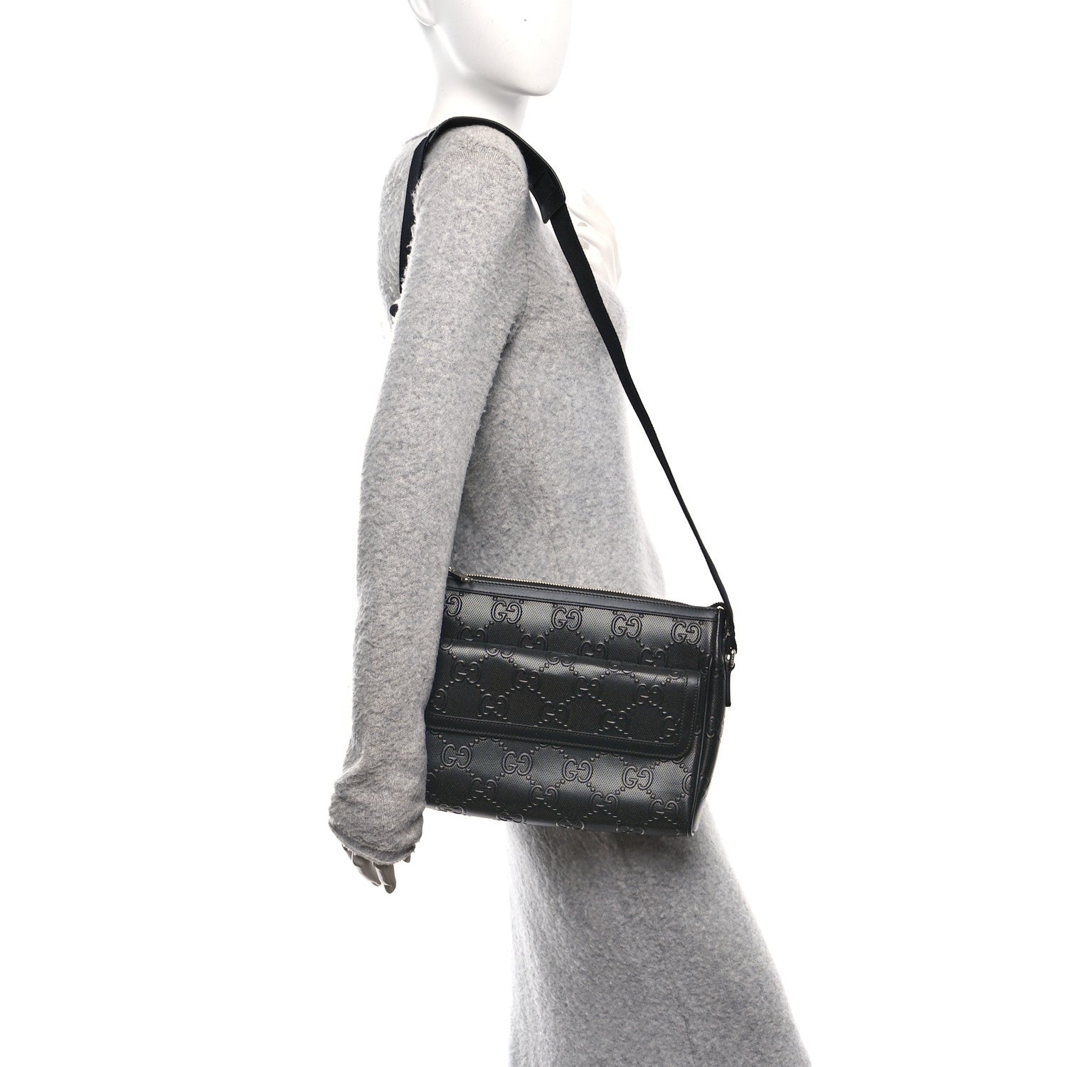 Gucci Calfskin GG Tennis Embossed Shoulder Bag Black 2 of 11