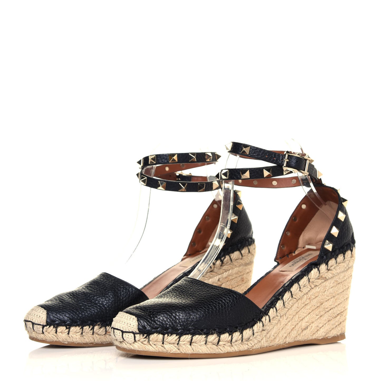 Grained Calfskin Rockstud Ankle Wrap Espadrille 15/85mm Wedges 38 Black Light Cuir