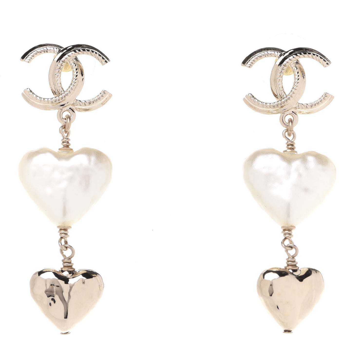 Pearl CC Double Heart Drop Earrings Gold
