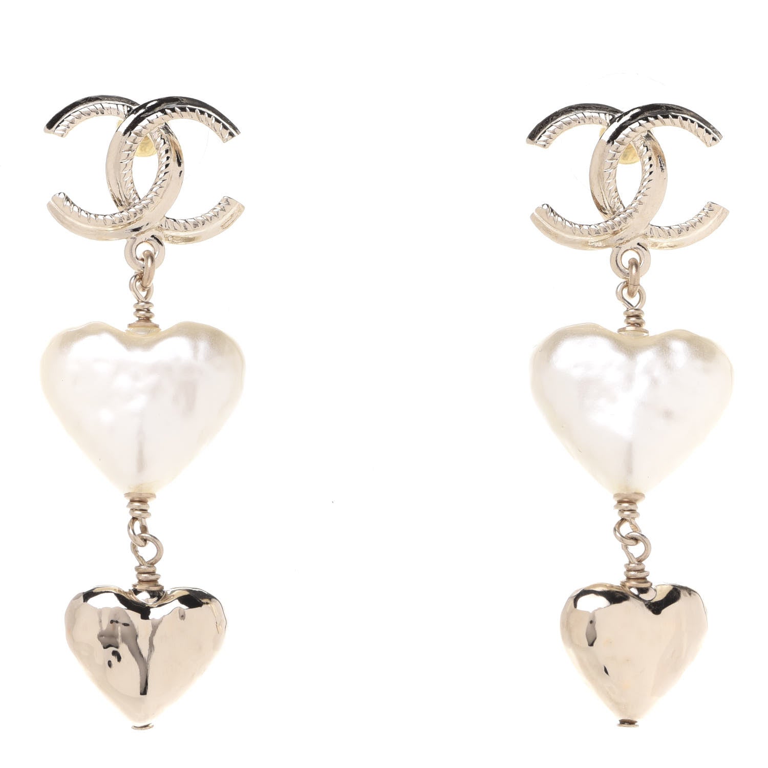 Chanel Pearl CC Double Heart Drop Earrings Gold 1 of 5